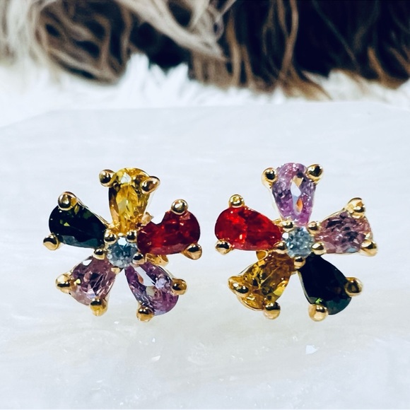 Jewelry - Beautiful goldtone, flower, multicolor bling costume pierced earrings